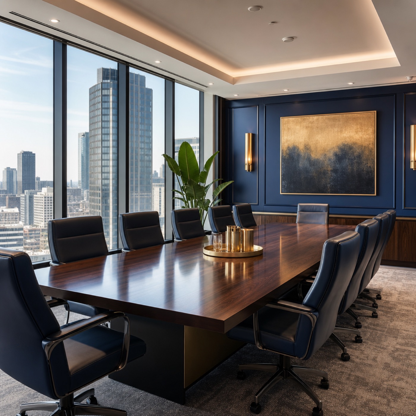Sala de reuniones corporativa moderna con vistas a la ciudad