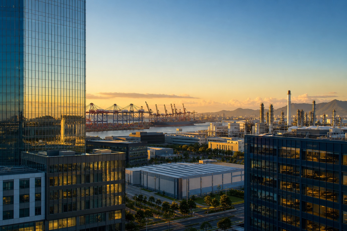 Distrito empresarial diversificado con oficinas modernas e instalaciones industriales