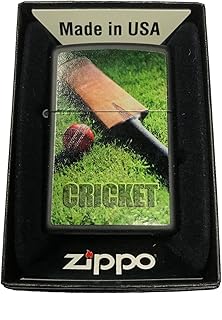 Zippo Custom Lighter – Cricket Ball & Bat Design – Black Matte